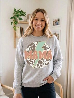 Mama Sweatshirt Western Cow Print Lightning Bolt Crewneck Cute Mom Pullover